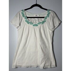 Vineyard Vines Pheasant Cotton Blouse White With Green Embroidery Womens Sz  L